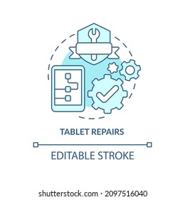 Tablet repair turquoise concept icon. Portable and mobile device. Repair type abstract idea thin line illustration. Isolated outline drawing. Editable stroke. Roboto-Medium, Myriad Pro-Bold fonts used