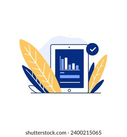Tablet with report and graphs on screen, flat vector illustration.