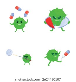 Tablet resistance icons set cartoon vector. Dangerous bacteria defeating drug. Threat of weak immunity