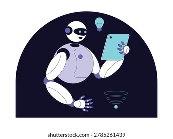 Tablet Robot, round-bodied robot sitting cross-legged, holding a tablet with a lightbulb idea icon floating nearby.