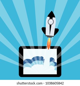 Tablet with a rocket. Concept of Start up. Flat design, vector illustration.