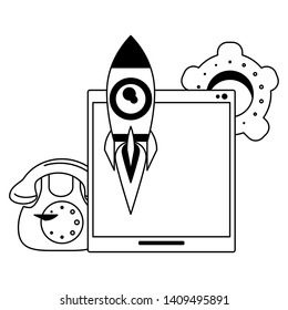 tablet with rocket telephone and gears icon cartoon vector illustration graphic design