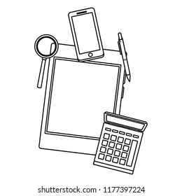 Tablet and samrtphone with magnifying glass in black and white