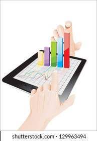 Tablet screen with 3D graph and a hands.
