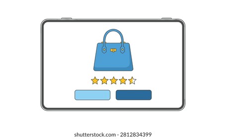 Tablet screen displaying a blue handbag with a five-star customer review rating system for online shoppers to evaluate product quality.