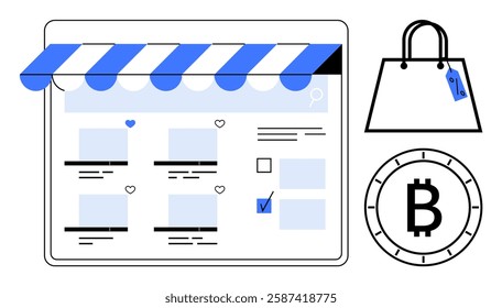 Tablet screen displaying an online store interface with product listings, blue awning, and shopping bag with price tag. Bitcoin symbol indicating cryptocurrency payment. Ideal for e-commerce, digital