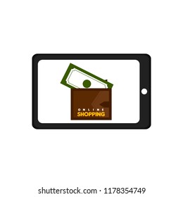 Tablet screen displaying a wallet. Online shopping