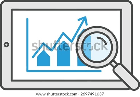 A tablet screen displays a growing bar chart with an upward trending line graph and a magnifying glass, isolated on a white background, symbolizing data analysis and growth.
