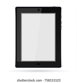 A tablet with a screen with a glare on the screen, with a camera and a button, and also with a shadow from below.