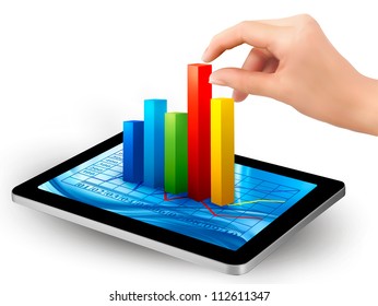 Tablet screen with graph and a hand. Vector.