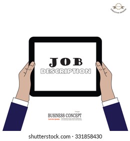 Tablet Screen With Hands. Business Man Hold Tablet With Job Description Word.Vector Illustration.