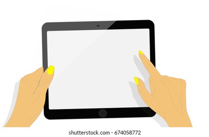 Tablet screen with hands. Hand holds tablet. Business decision. Cartoon flat vector illustration isolated on white. Minimalistic style for web site, mobile app. Vector EPS.