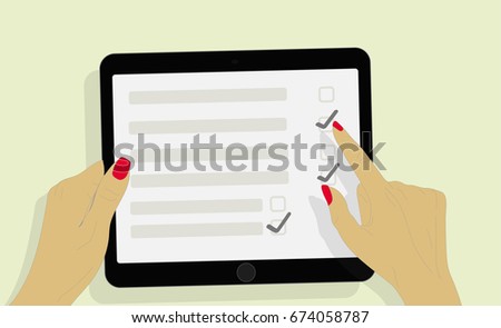 Tablet screen with hands. Hand holds tablet. Business decision. Cartoon flat vector illustration. Minimalistic style for web site, mobile app. Vector EPS.