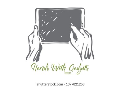 Tablet, screen, hands, hold, display concept. Hand drawn finger touch tablet's screen concept sketch. Isolated vector illustration.