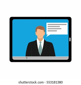 tablet screen with the man in a suit on video. Marketing concept in flat style. illustration, flat design. 