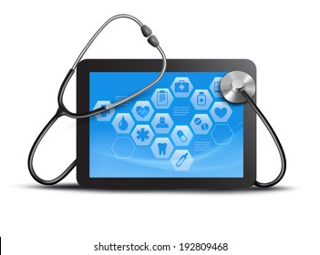 tablet screen with medical icons and stethoscope. Vector. 