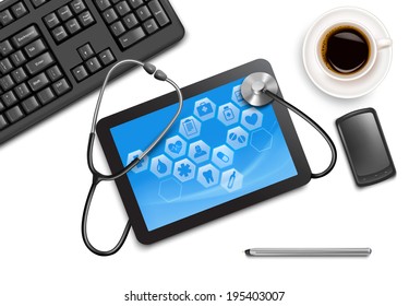 tablet screen with medical icons and stethoscope on the table at the doctor. Vector.