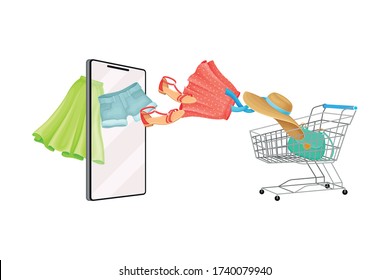 Tablet Screen with Online Shop App and Clothing Items in Shopping Cart Vector Illustration