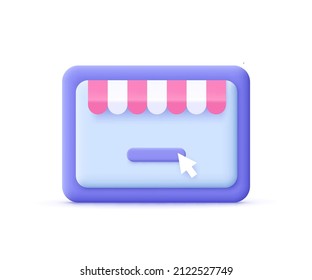 Tablet screen with online shop. Online shopping, digital marketing application. 3d vector icon. Cartoon minimal style.
