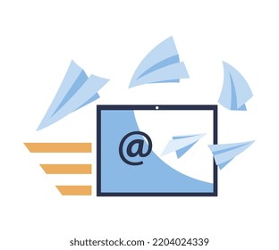 Pantalla de Tablet con plano de papel y signo de correo como ilustración de vectores de promoción y marketing