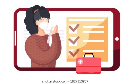 Tablet screen with a picture of a masked girl, a marked checklist and a red first aid kit. Photo of a woman during the quarantine with a napkin in her hands. Preventing the spread of a disease