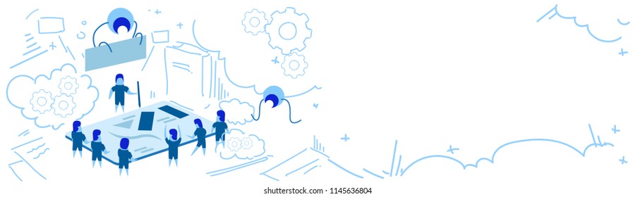 tablet screen planning strategy people group brainstorming teamwork success concept sketch doodle horizontal banner vector illustration