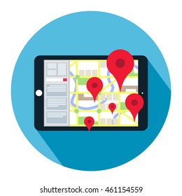 Tablet screen showing GPS city map with location pointers icon flat design vector illustration