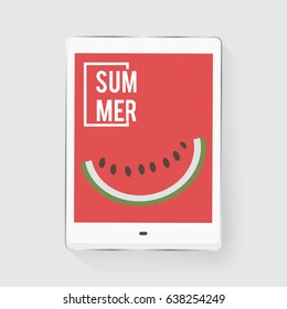 Tablet Screen Showing Watermelon Piece with Summer Word Graphic Vector