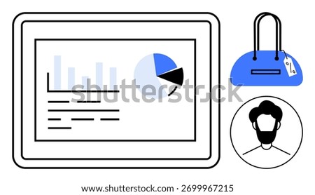 Tablet screen shows analytics with pie chart and bar graph, adjacent to a blue handbag and a male avatar. Ideal for e-commerce, online shopping, consumer behavior, market analysis, fashion