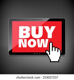 Tablet screen with the text Buy Now. Special offer. Marketing concept.