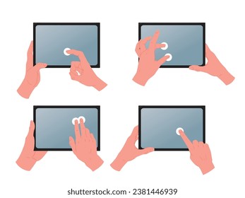 Tablet screen touch gestures. Cartoon hands holding and using digital tablet. Tap, zoom and swipe gestures flat vector illustration set. Hands working with gadgets