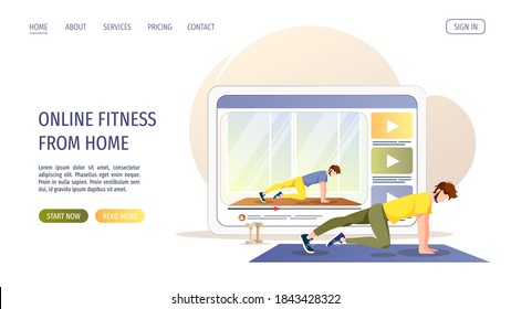 Tablet screen with video of man doing plank exercise on the mat. Online yoga classes, wellness, healthy lifestyle, sport, fitness concept. Vector illustration for poster, banner, website.