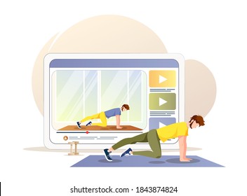 Tablet screen with video of man doing plank exercise on the mat. Online yoga classes, wellness, healthy lifestyle, sport, fitness concept. Isolated vector illustration for poster, banner, advertising.