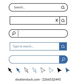 motor de búsqueda de tableta, cursores de punteros de ratón vectorial, barras de búsqueda web vectorial, motor de navegador de Internet, ilustración de barra de búsqueda, 