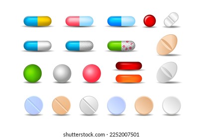 Tablet set, pill and drug vitamin icons. Color medical antibiotics, different round prescription doses, pharmacy cure realistic isolated elements. Vector cartoon current illustration