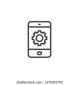 Tablet settings configuration outline icon. linear style sign for mobile concept and web design. Phone with gear on screen simple line vector icon. Symbol, logo illustration. Pixel perfect vector