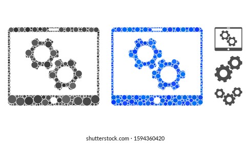 Tablet settings gears mosaic of round dots in various sizes and color tints, based on tablet settings gears icon. Vector round dots are united into blue mosaic.