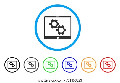 Tablet Settings Gears rounded icon. Style is a flat tablet settings gears gray symbol inside light blue circle with black, gray, green, blue, red, orange variants.