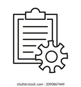 Tablet with a sheet of paper and a gear. Simple outline black and white vector icon. Thin lines