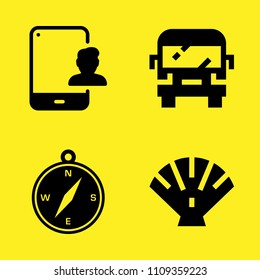 tablet, shell, compass with cardinal points and bus vector icon set. Sample icons set for web and graphic design