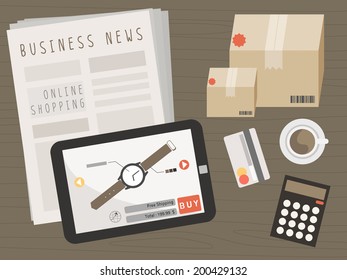 tablet with shopping items on online shopping concept vector