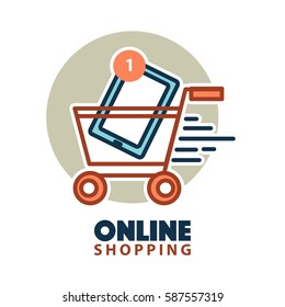 Tablet in shopping trolley icon isolated on white. Online shopping concept. Digital smartphone added to cart or to wish list of purchases. E-commerce buying vector illustration logo in flat style