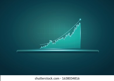 Tablet showing holographic graphs and stock market statistics gain profits. vector illustration