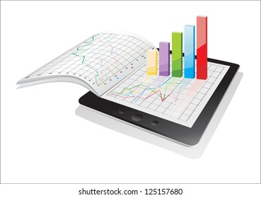 Tablet showing a spreadsheet and a paper with statistic 3d charts