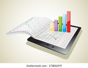 Tablet showing a spreadsheet and a paper with statistic 3d charts