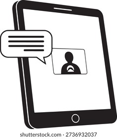 Tablet showing teleconsultation interface with chat bubble representing telehealth patient engagement platform, virtual triage and subscription-based digital care monetization strategy

