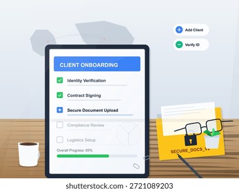 Tablet shows client onboarding steps including identity verification and contract signing. A cup of coffee sits next to the tablet on the wooden desk.