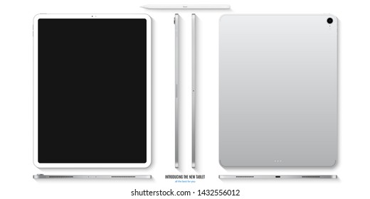 tablet silver color with black touch screen saver and stylus with shadow top view isolated on white background. realistic and detailed device mockup. stock vector illustration