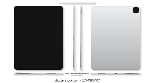 color plateado de tablet con salvapantallas táctil negro y vista superior de stylus aislada en fondo blanco