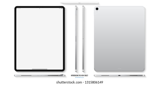 tablet silver color with blank touch screen saver and stylus with shadow top view isolated on white background. realistic and detailed device mockup. stock vector illustration